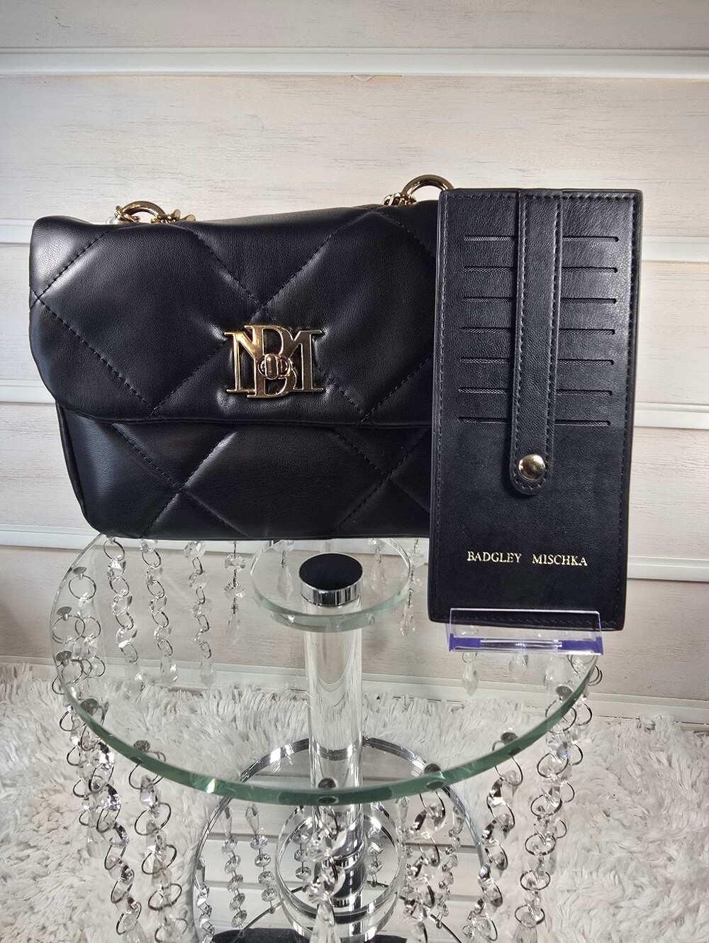 Badgley Mischka Black Quilted Crossbody Bag with Wallet